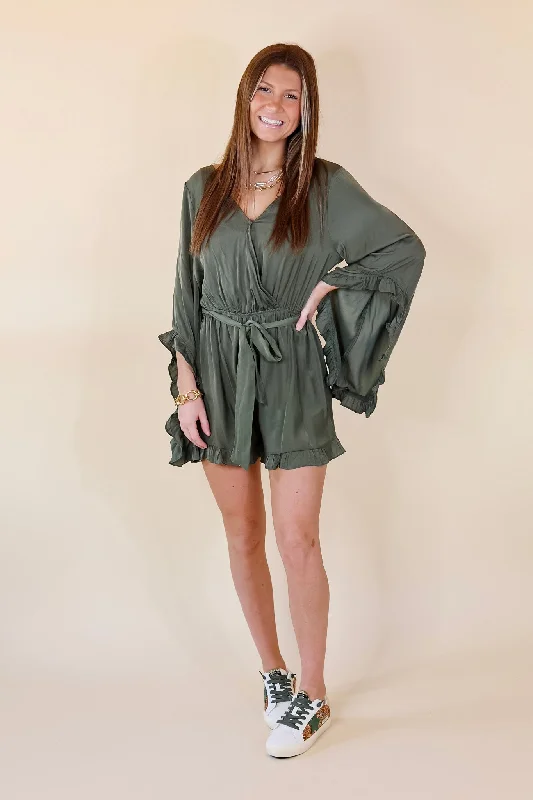 Something More Ruffle Trim Long Sleeve Satin Romper in Olive Green