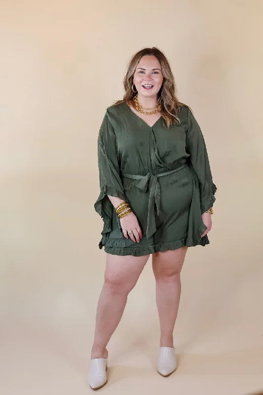 Something More Ruffle Trim Long Sleeve Satin Romper in Olive Green