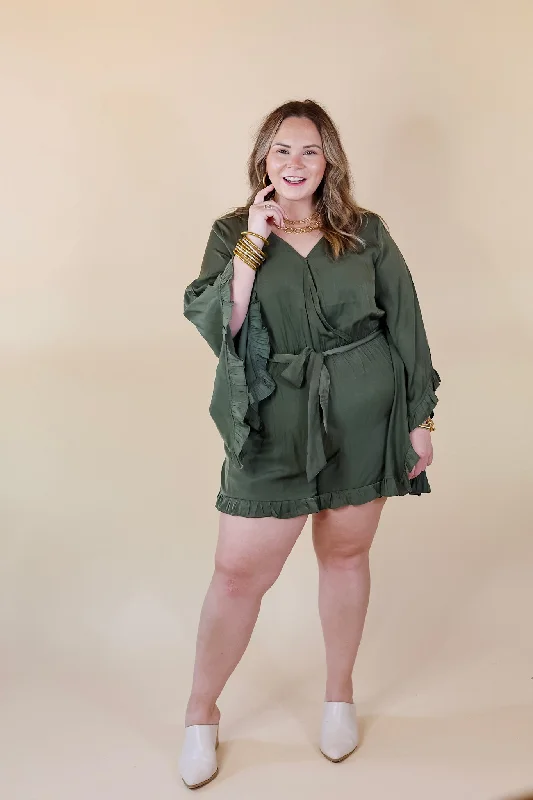 Something More Ruffle Trim Long Sleeve Satin Romper in Olive Green