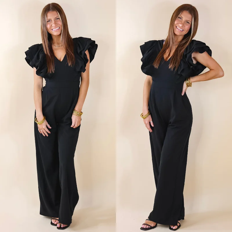 Superstar Style V Neck Jumpsuit with Ruffle Sleeves in Black