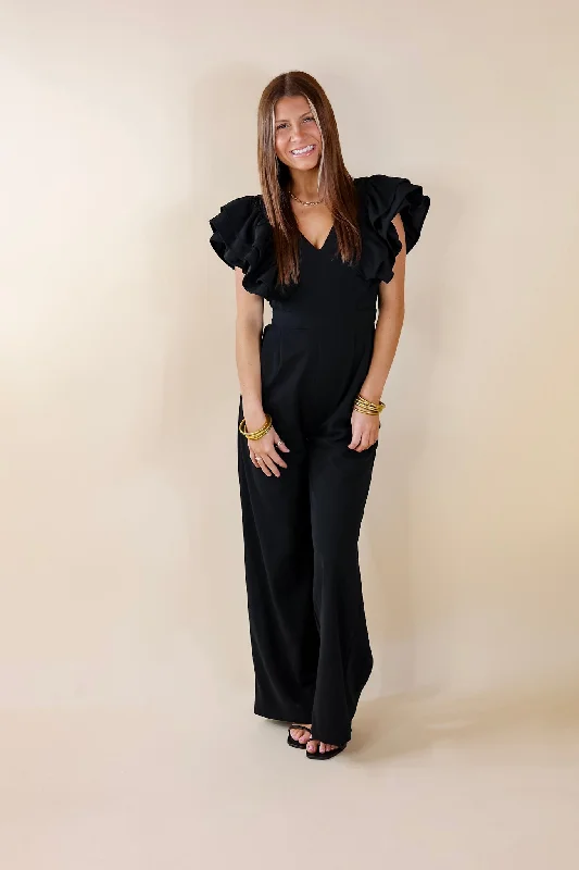 Superstar Style V Neck Jumpsuit with Ruffle Sleeves in Black