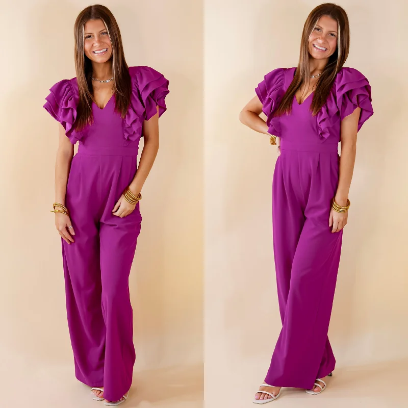 Superstar Style V Neck Jumpsuit with Ruffle Sleeves in Magenta Purple