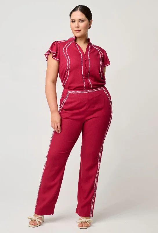 Carlyle Embroidered Linen Viscose Pant in Crimson