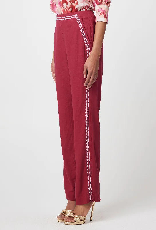 Carlyle Embroidered Linen Viscose Pant in Crimson