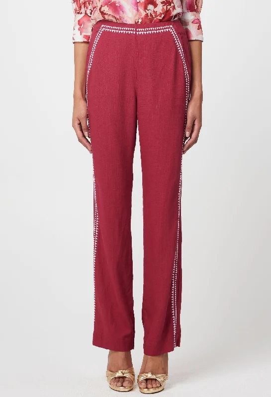 Carlyle Embroidered Linen Viscose Pant in Crimson