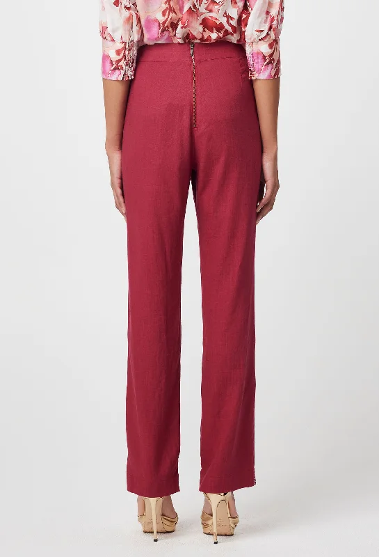 Carlyle Embroidered Linen Viscose Pant in Crimson