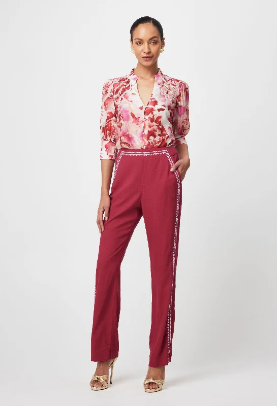 Carlyle Embroidered Linen Viscose Pant in Crimson