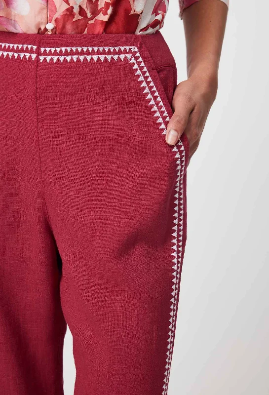 Carlyle Embroidered Linen Viscose Pant in Crimson