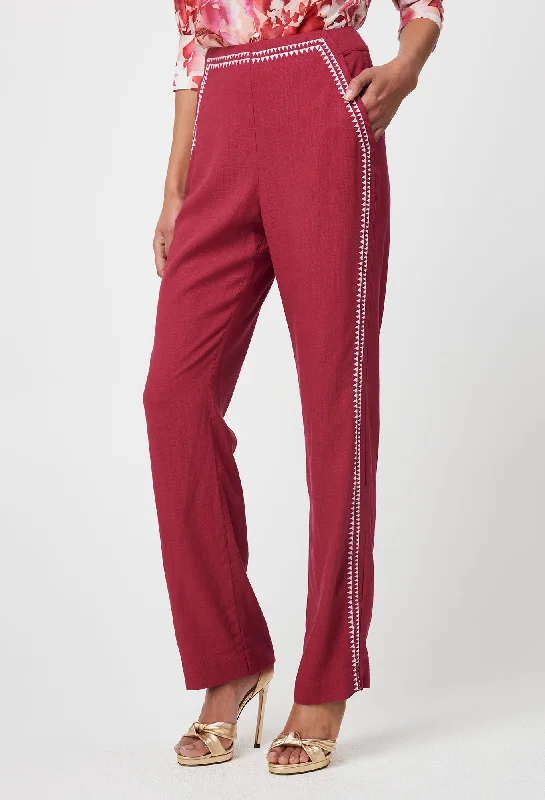 Carlyle Embroidered Linen Viscose Pant in Crimson