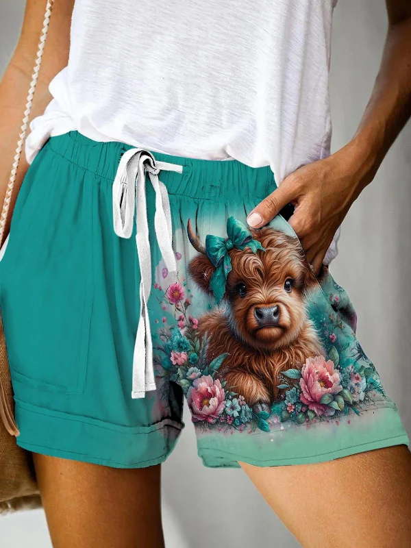 Mint Mambo Highland Cow Print Casual Shorts