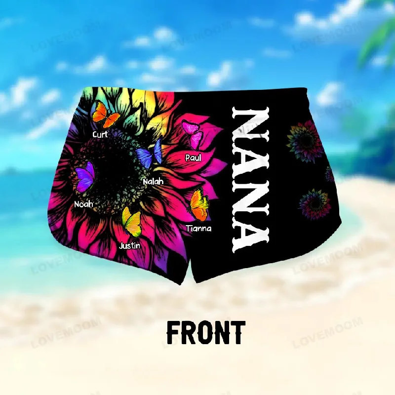 Personalized Grandma with Kid Name Tie Dye Sunflower Butterfly Woman Beach Shorts