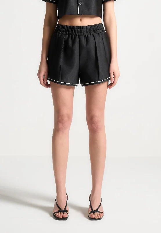 Satin Shorts with Piping - Black