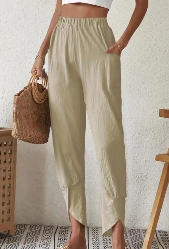 Solid color casual leg pants loose pocket cotton and linen leg pants