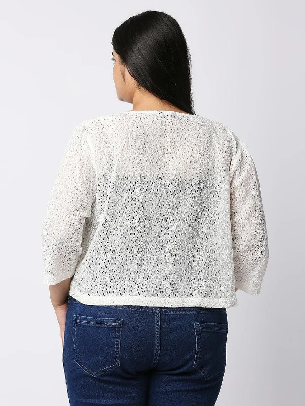 Style Quotient Women Off White Self Design Floral Lace Open Front Smart Casual Shrug