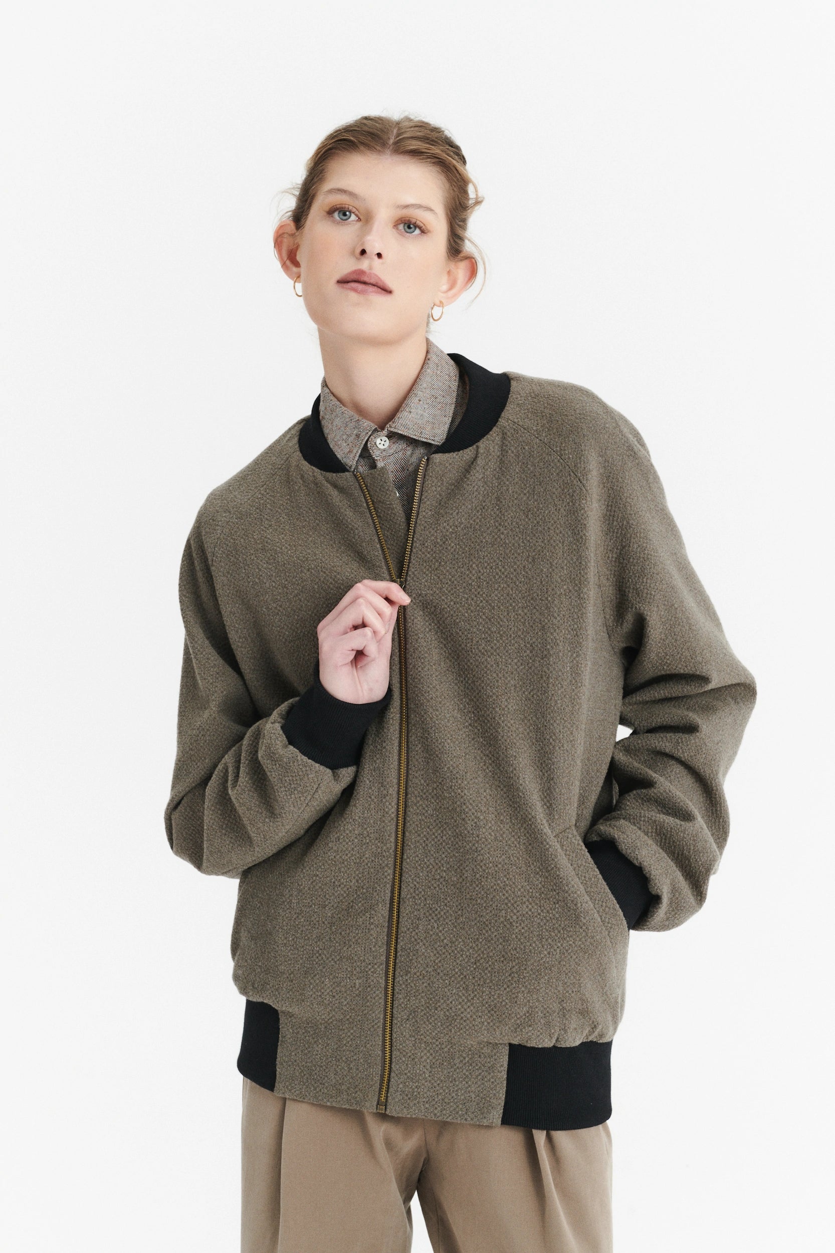 Unisex Bomber Jacket in a Taupe Italian Winter Virgin Wool and Cotton Seersucker