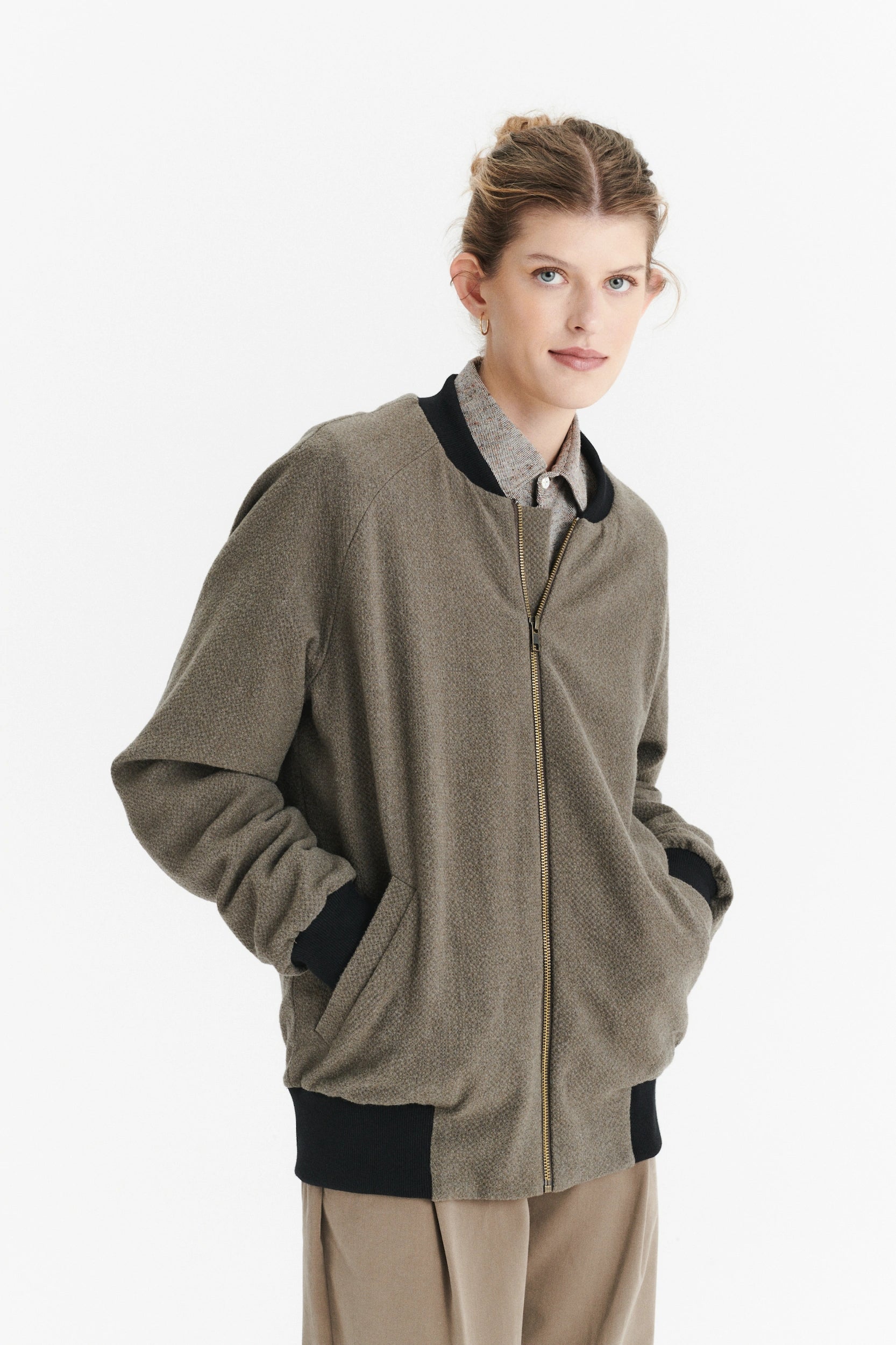 Unisex Bomber Jacket in a Taupe Italian Winter Virgin Wool and Cotton Seersucker