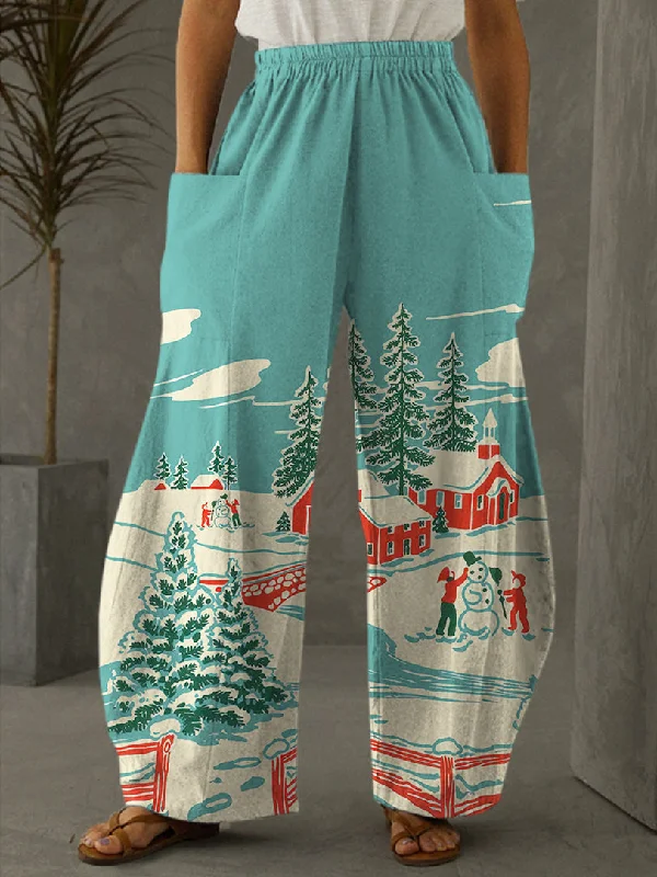 Vintage Winter Print Casual Pants