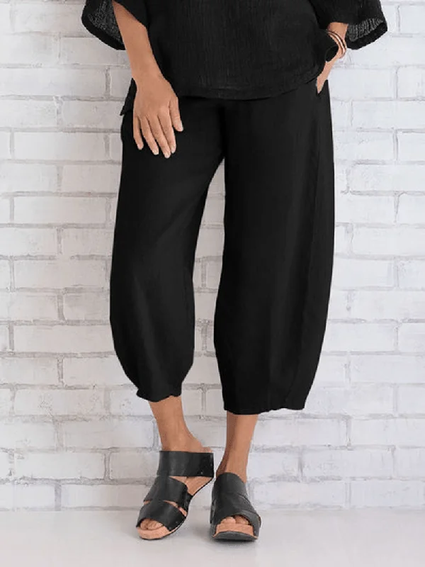 Women Solid Color Cotton Elastic Waist Trouser Pants