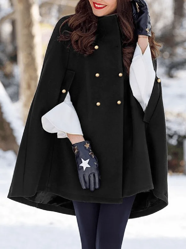 Women Solid Color Pleats Double Breasted Cloak Decorative Button Turn-Down-Collar Casual Coats