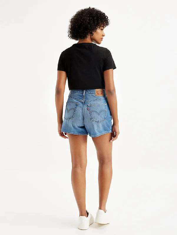 Women's Mid Rise Blue Relaxed Fit Denim Shorts