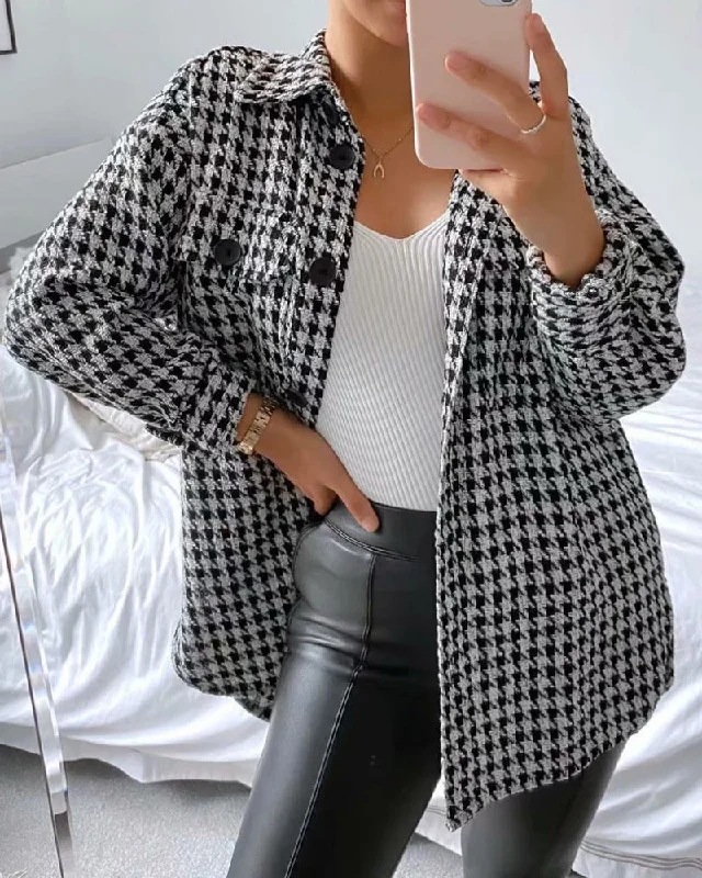 Single-breasted Mid-length Houndstooth Coat Outerwear