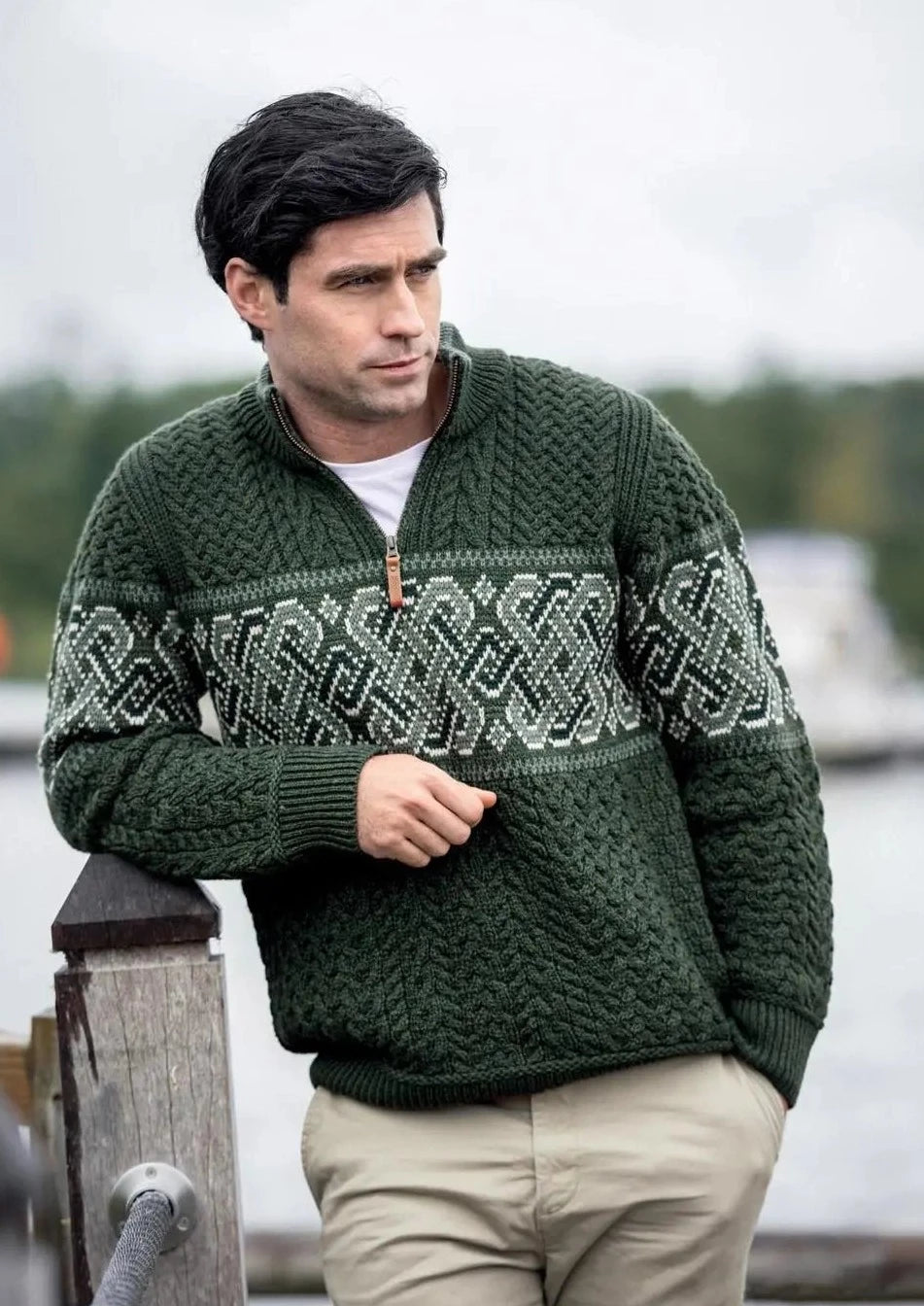 Get the latest trends in men’s clothing – huge savings inside. Aran Crafts Celtic Jacquard Zip Sweater | Green Get the latest trends in men’s clothing – huge savings inside. Aran Crafts Celtic Jacquard Zip Sweater | Green