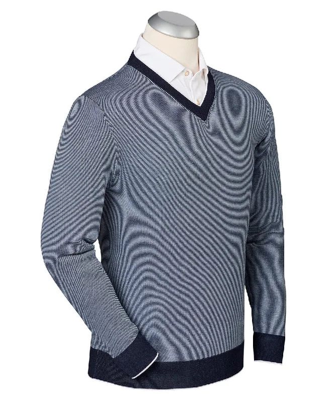 Shop exclusive offers on men’sapparel Luxe 100% Mercerized Cotton Hairline Stripe V-Neck Sweater Shop exclusive offers on men’sapparel Luxe 100% Mercerized Cotton Hairline Stripe V-Neck Sweater