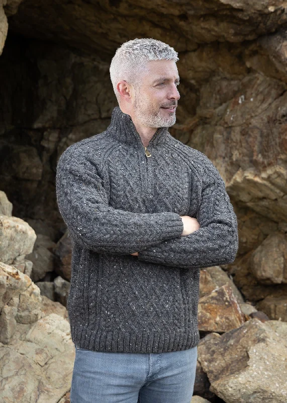 Upgrade your wardrobe with stylish men's apparel – now on sale! Aran Donegal Zip Sweater | Charcoal Upgrade your wardrobe with stylish men's apparel – now on sale! Aran Donegal Zip Sweater | Charcoal
