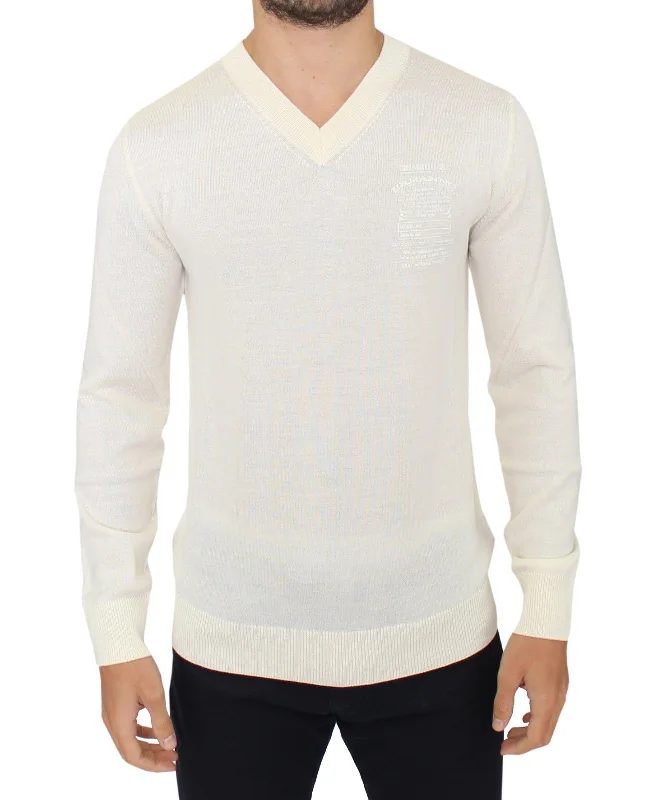 Save big on all types of clothing – Shop the sale now! Ermanno Scervino ivory Wool Blend V-neck Pullover Men's Sweater Save big on all types of clothing – Shop the sale now! Ermanno Scervino ivory Wool Blend V-neck Pullover Men's Sweater