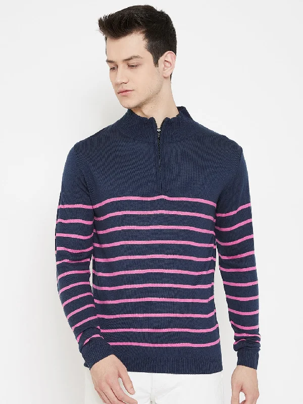 Shop affordable clothing for all occasions – JUMP USA Men Navy Blue Striped Mock Collar Casual Pullover Shop affordable clothing for all occasions – JUMP USA Men Navy Blue Striped Mock Collar Casual Pullover
