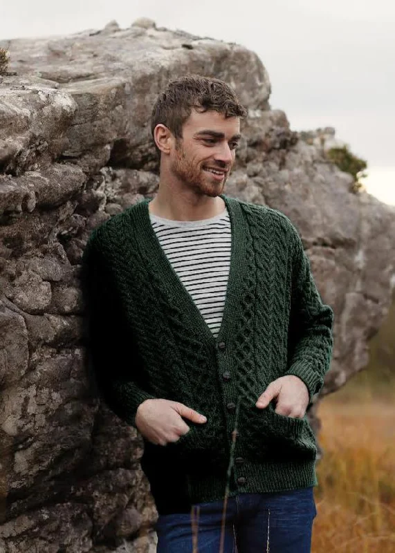 Big discounts on men’s wear – Shop now and save!  Aran V-Neck Cardigan | Green