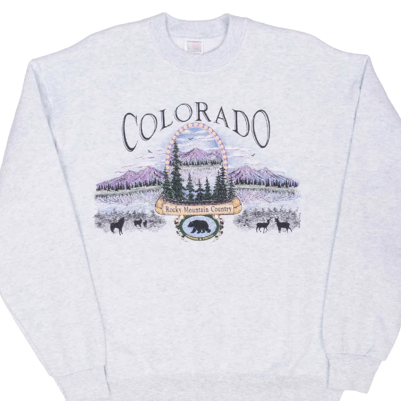 Shop the best in men’s fashion for less – limited-time sale!  VINTAGE COLORADO ROCKY MOUNTAIN GRAPHIC SWEATSHIRT 1990S LARGE MADE IN USA
