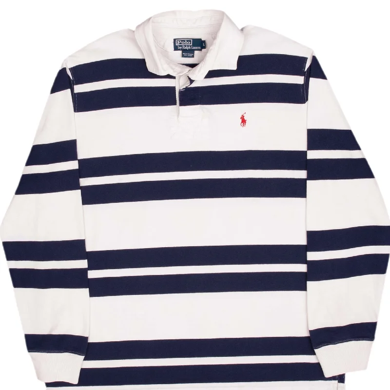 Shop our exclusive men’s fashion deals – limited time only!  VINTAGE RALPH LAUREN BLUE & WHITE STRIPED RUGBY POLO SHIRT 1990S SIZE LARGE