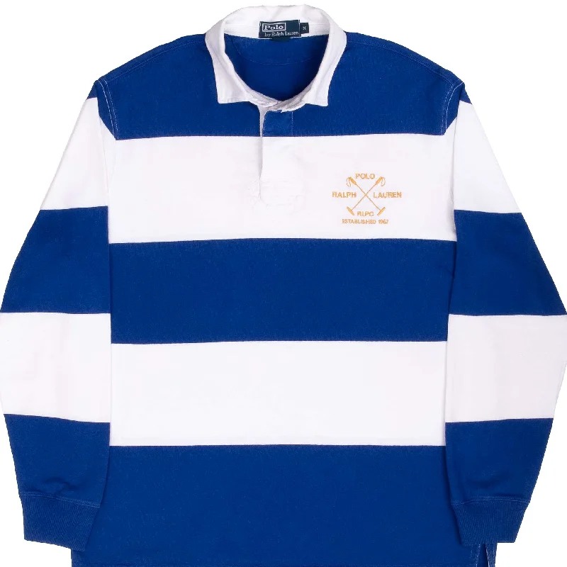 Massive discounts on all clothing items – Shop now for the best prices.  VINTAGE RALPH LAUREN BLUE & WHITE STRIPED RUGBY POLO SHIRT 1990S SIZE MEDIUM