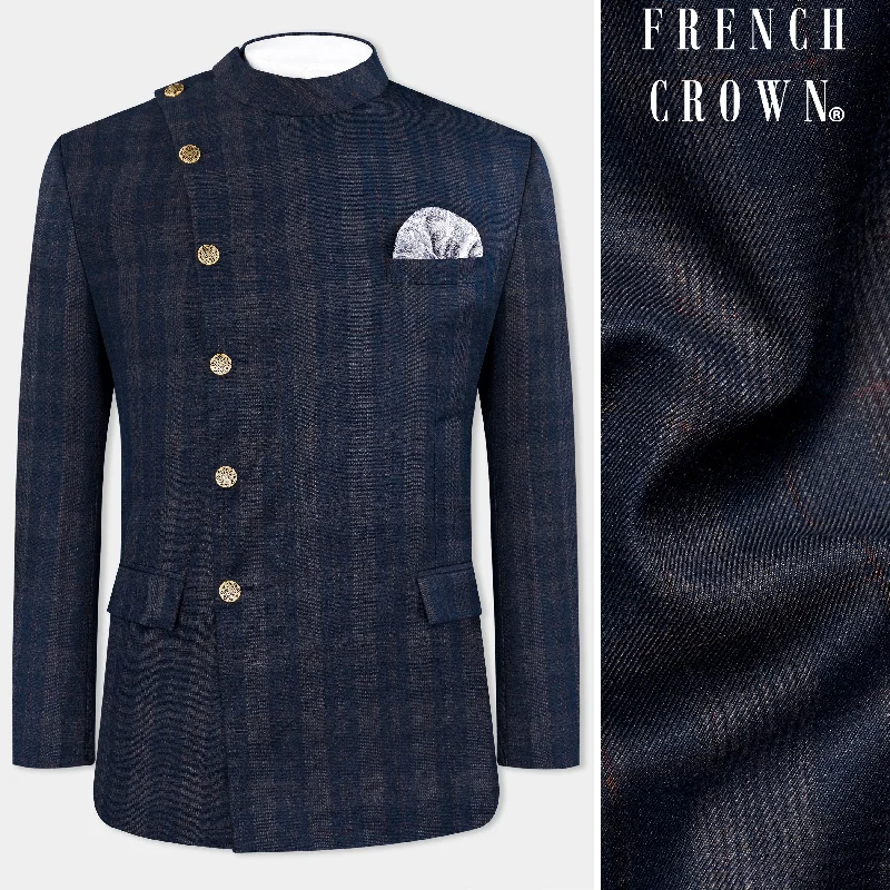Flash sale: Men’s clothing essentials at irresistible prices!  Admiral Blue and Cinereous Brown Plaid Wool Rich Cross Placket Bandhgala Blazer