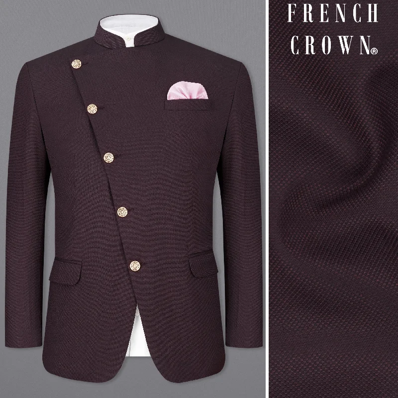 Shop now and enjoy massive savings on stylish clothing for all seasons. Aubergine Maroon Cross Placket Bandhgala Blazer Shop now and enjoy massive savings on stylish clothing for all seasons. Aubergine Maroon Cross Placket Bandhgala Blazer
