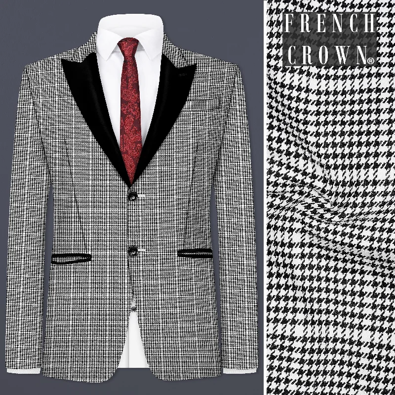 Upgrade your wardrobe with stylish men's apparel – now on sale! Black and White Houndstooth Windowpane Wool Rich Peak Collar Tuxedo Blazer Upgrade your wardrobe with stylish men's apparel – now on sale! Black and White Houndstooth Windowpane Wool Rich Peak Collar Tuxedo Blazer