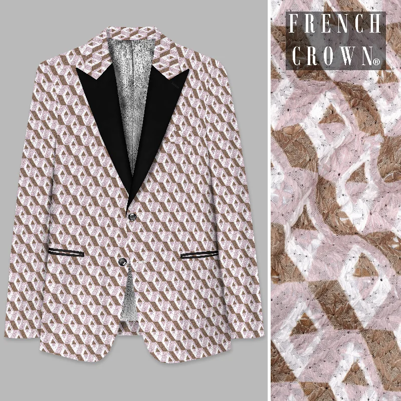 Hurry, the best deals on men’s fashion won’t last long!  Clam Shell Pink and Roman Coffee Brown 3D Box Quilt Embroidered Peak Collar Tuxedo Blazer