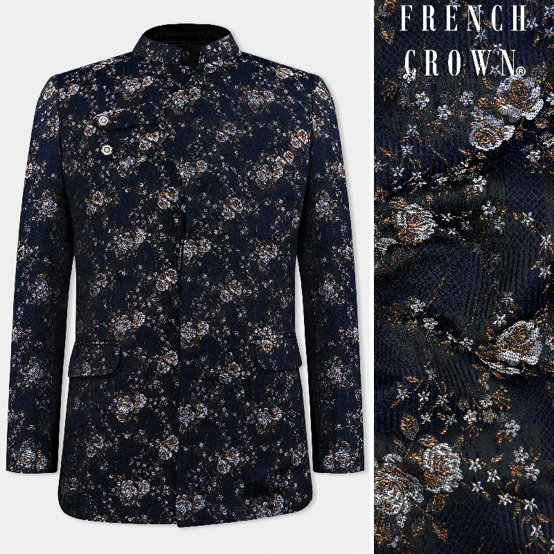 Limited-time offer! Cove Blue and Sepia Brown Floral Jacquard Textured Premium Giza Cotton Bandhgala Designer Blazer Limited-time offer! Cove Blue and Sepia Brown Floral Jacquard Textured Premium Giza Cotton Bandhgala Designer Blazer