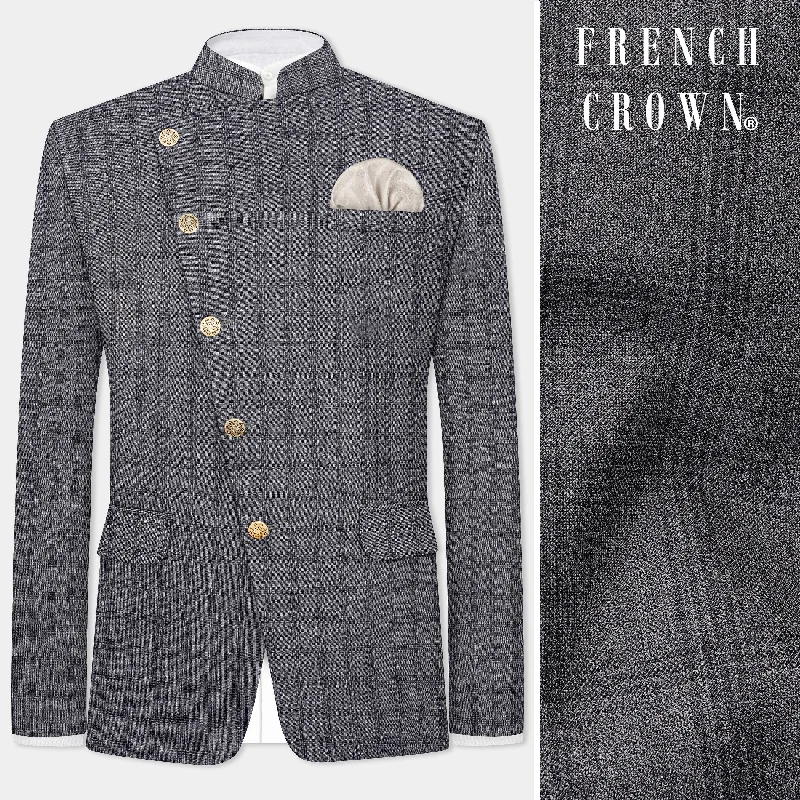 Huge savings on popular clothing styles – Gravel Gray Checked Wool Blend Cross Placket Bandhgala Blazer Huge savings on popular clothing styles – Gravel Gray Checked Wool Blend Cross Placket Bandhgala Blazer