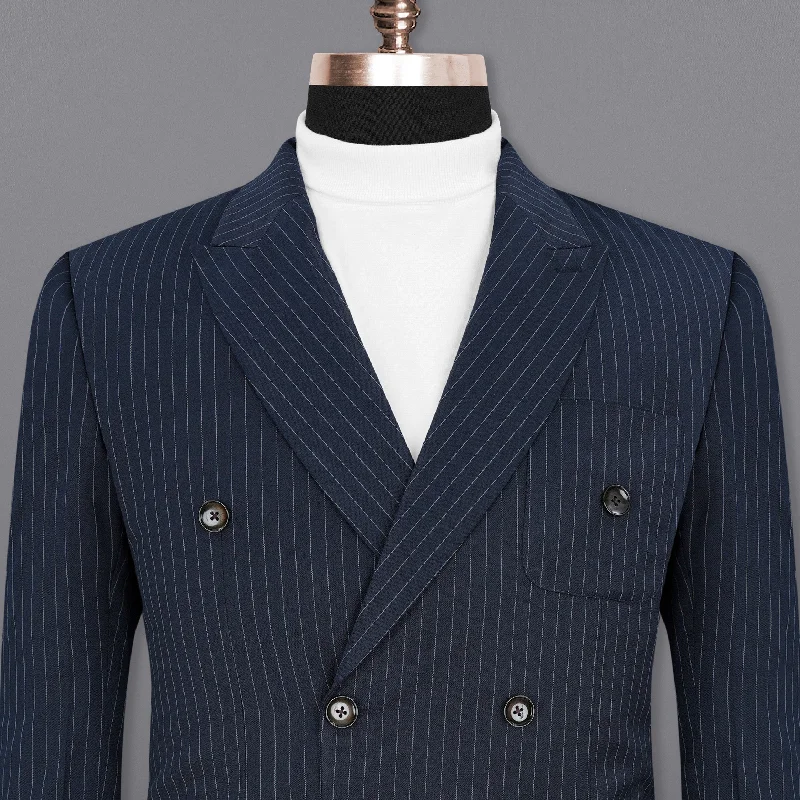 Shop trendy clothing for every season – Special promotion today. Midnight Mirage Navy Blue Striped Double-Breasted Blazer Shop trendy clothing for every season – Special promotion today. Midnight Mirage Navy Blue Striped Double-Breasted Blazer