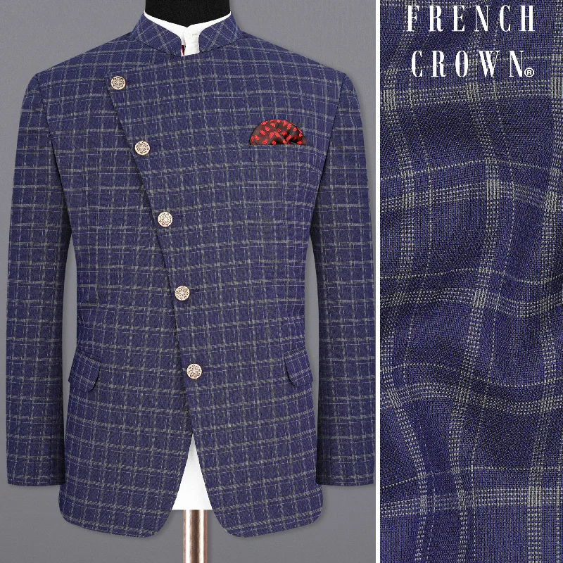 Seasonal sale Mulled Wine Blue With Casper Gray Checkered Cross Placket Bandhgala Blazer Seasonal sale Mulled Wine Blue With Casper Gray Checkered Cross Placket Bandhgala Blazer