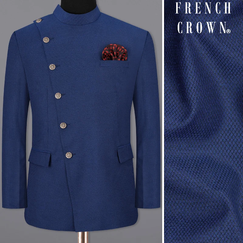 Seasonal sale  Rhino Blue Self design Cross Placket Bandhgala Blazer