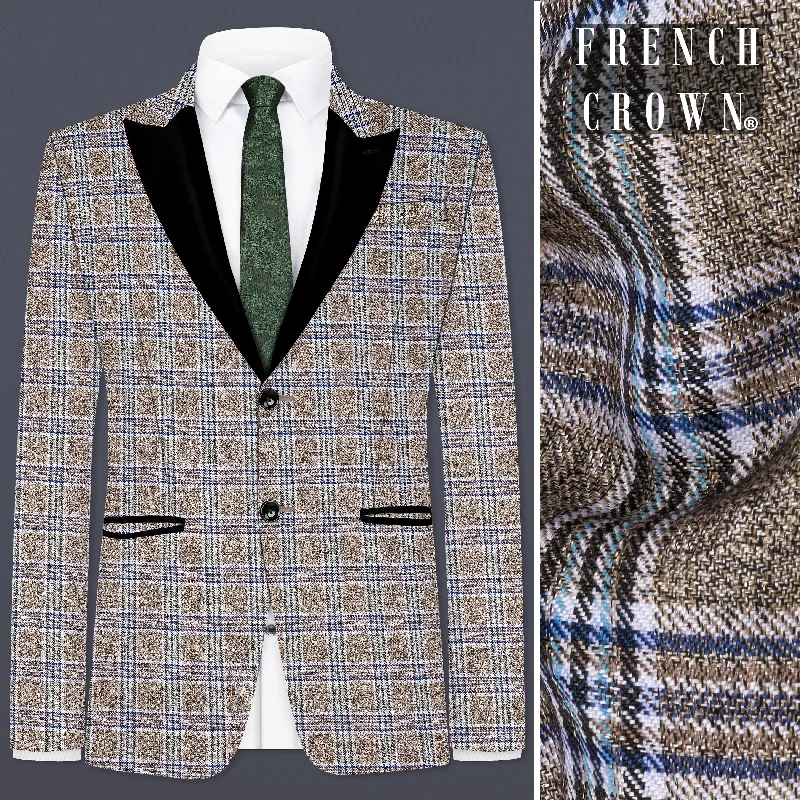 Clearance sale – shop men's clothing at discounted prices! Shadow Brown with Rhino Blue Plaid Wool Blend Peak Collar Tuxedo Blazer Clearance sale – shop men's clothing at discounted prices! Shadow Brown with Rhino Blue Plaid Wool Blend Peak Collar Tuxedo Blazer