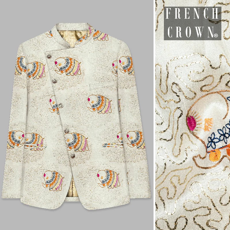 Shop new arrivals in clothing and save – Soft Amber Cream Designer Elephant Embroidered Cross Placket Bandhgala Jodhpuri Shop new arrivals in clothing and save – Soft Amber Cream Designer Elephant Embroidered Cross Placket Bandhgala Jodhpuri