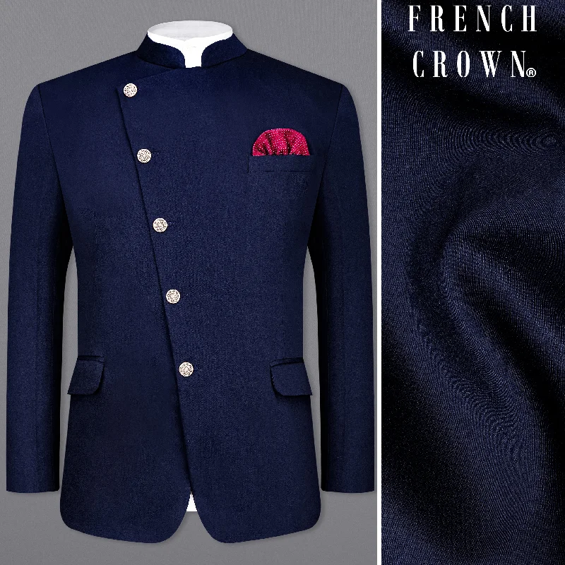 Exclusive clothing deals for  customers – Shop today!  Space Blue Subtle Sheen Cross Placket Bandhgala/Mandarin Wool blend Blazer