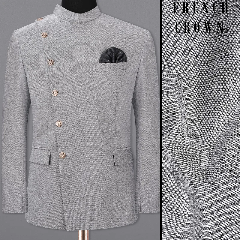Shop clothing essentials at a fraction of the price – Star Dust Gray Cross Placket Bandhgala Premium Cotton Blazer Shop clothing essentials at a fraction of the price – Star Dust Gray Cross Placket Bandhgala Premium Cotton Blazer
