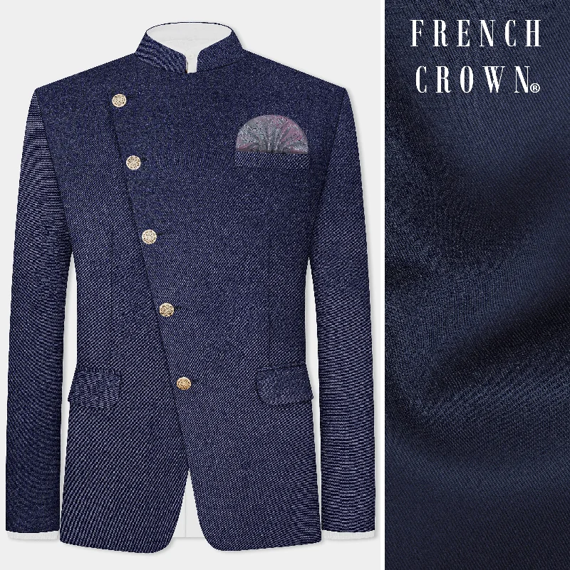 Buy more, save more –  Thunder Blue Solid Wool Blend Cross Placket Bandhgala Blazer