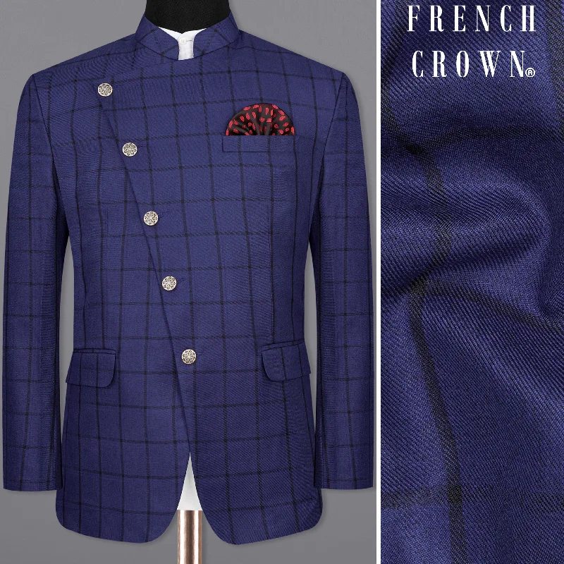 Buy more, save more –  Zodiac Dark Blue Windowpane Cross Placket Bandhgala Blazer