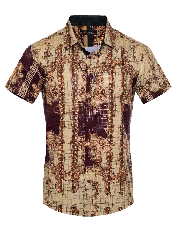 Final clearance: Men’s clothing items up to 70% off!  Beige Men's Multi Color Summer Short Sleeve Shirt Greek Key Style No: FLS-2588